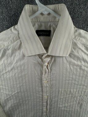 Canali Button Up Shirt Men Long Sleeve Cotton Size 16.5 Striped Beige White